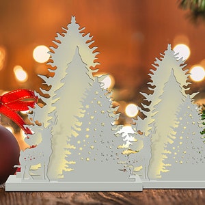 Weihnachtsverzierung festliche Baum-Hirsch Laser geschnitten, Rehbaum-Dekor, Rentier-Szene, Glowforge Xmas Craft, Neujahr Ball DXF, Weihnachtsgeschenke.