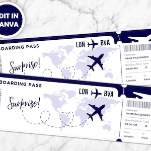 Modèle de carte d'embarquement, carte-cadeau canva pour un billet d'avion, carte d'embarquement personnalisée, voyage surprise, carte-cadeau de voyage, modèle personnalisable