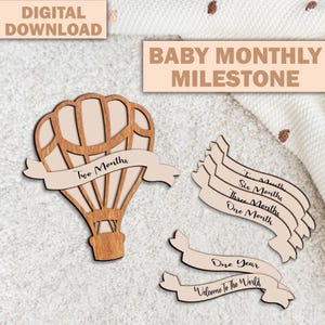 Lot de jalons mensuels pour bébé, Svg d'étapes interchangeables air chaud, Svg déco nouveau-né, Svg pour baby shower, fichier découpé au Laser pour bébé