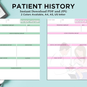 Patient History Sheet, Printable Medical History Patient Report Sheet, Nursing School, Medical Student, Assessment Template, US Letter.