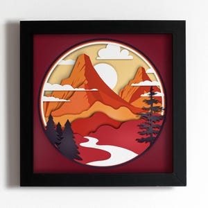 Fichiers de boîte d'ombre de coucher de soleil de montagne, fichiers de modèle de boîte à lumière de papier découpé, fichier Svg de boîte à lumière de papercut 3D, boîte d'ombre, modèle de boîte d'ombre de forêt.