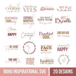 Citas inspiradoras boho, paquete de Svg motivacionales, amor propio, vibraciones positivas, fe y felicidad Svg, citas de camisetas de moda para Cricut, manualidades.