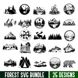 Paisaje forestal Svg, paquete de Svg de bosque, Svg de naturaleza, diseño de bosque rústico, vector de bosque de montaña, arte de aventura al aire libre para acampar y hacer senderismo.