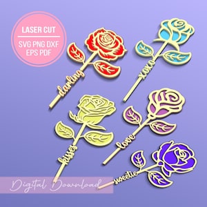 Rose Blumenstrauß Laser geschnitten Datei, Benutzerdefinierte Name Blume zward, Papa Liebe, Rose Blume am Baum, Muttertag Eska, Holz Rose Bouquet Blatt, Paar Geschenk.