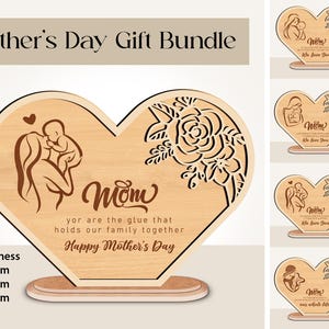 Adorno de regalo para el día de la madre cortado con láser Svg, adorno de regalo para el día de la madre con forma de corazón de pie Svg, decoración de marco con forma de corazón, adorno de madera Svg.