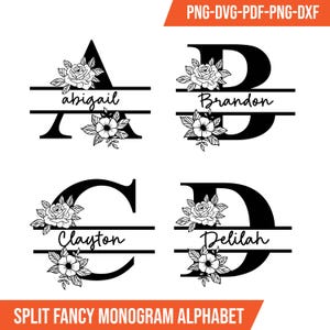 Paquete de Svg de monograma floral dividido, monograma inicial, clipart de alfabeto floreciente, archivo de corte de letra dividida, marco de nombre de familia, regalo del día de San Valentín
