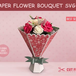 Ramo de flores de papel 3D SVG, ramo de rosas enrolladas, jarrón, caja de regalo SVG, regalo para San Valentín, Día de la Madre, Día del Padre, archivos de corte, plantilla Cricut