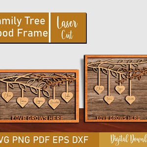 Stamboom houten frame Svg, stamboom staan Svg, Moederdagcadeau, Family Heart Tree Fathers Day Svg, vectorbestanden voor hout lasersnijden.