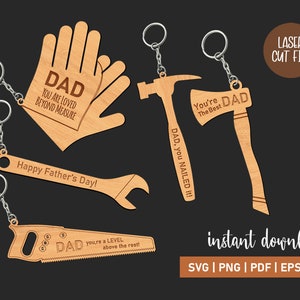 Lasergesneden sleutelhangers SVG-bundel, gereedschapsvormige sleutelhanger SVG, Vaderdag sleutelhanger SVG, papa sleutelhanger SVG, CNC-bestand voor hout, Glowforge papa's Tools