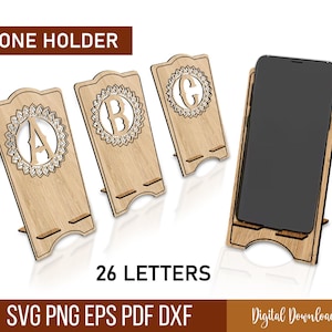 26 Buchstaben Telefonhalter Laser Cut svg Dateien, Telefonständer Laserschnittdatei, Schreibtisch Organizer Laser, einstellbarer Winkel, einfache Montageanzeige.