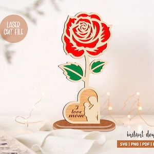 Twee gelaagde roos bloem lasergesneden Svg, hartroos met standaard, moeder cadeau met fotolijst, Moederdag roos laser Svg, houten ornament Svg.