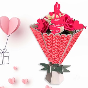 Bouquet di fiori di carta 3D in formato SVG, San Valentino, modello per bouquet di rose arrotolate, scatola regalo in formato SVG, festa del papà, vaso di fiori in formato SVG, fiori di carta in formato SVG.