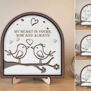Letrero enmarcado de pareja con pájaros enamorados en formato Svg, letrero de estante en capas 3D para el día de San Valentín, archivo cortado con láser de aniversario, archivo Svg de amor de pareja, adorno para parejas.