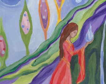 Surreal fantasy goddess, original 11 x 14 acrylic painting, pastel colors, waterfall, tarot witchcraft new age spiritual female fairy art