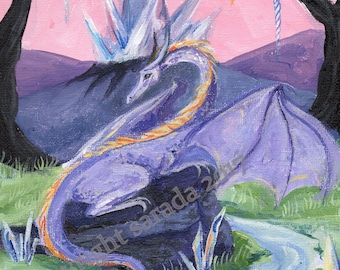 Crystal purple dragon fantasy painting, original acrylic painting 8 x 10 pink sky, unicorn horns, pastel landscape, 80s retro rainbow girls