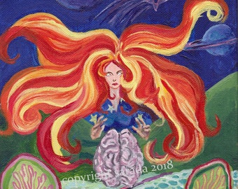 Psychedelic space queen original 8 x 10 acrylic painting fantasy witch, colorful brain, trees, eyes retro hippie decor