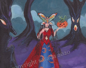 Masquerade in the Woods original gothic Halloween acrylic painting 9 x12 inch horror art occult witch woods dark fantasy