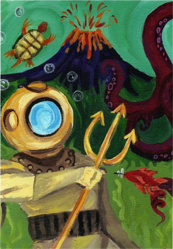 Octopus Tentacle Vs Diving Bell Art Print Reproduction 5 X 7 Etsy