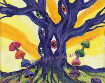 Psychedelic tree art, eyes, mushrooms, original acrylic painting 8 x 10 hippie colorful rainbow outsider visionary art surrealism fantasy