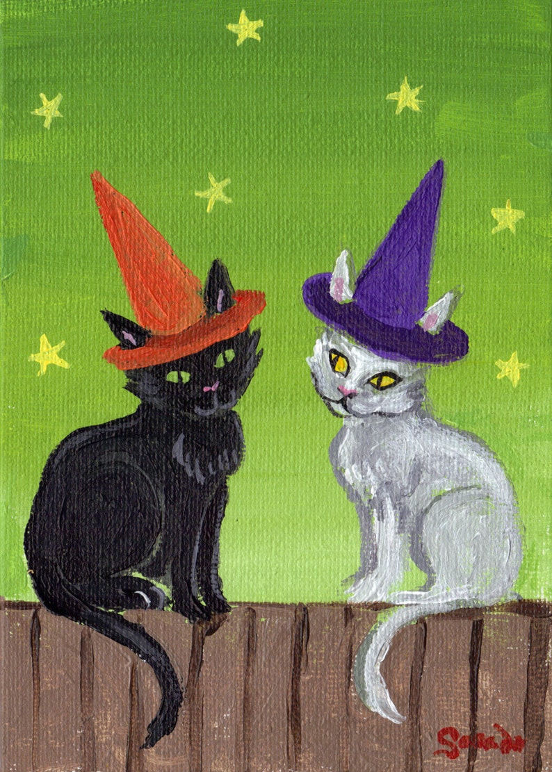 Halloween cat art PRINT 5 x 7 black and white cat witch hats image 1