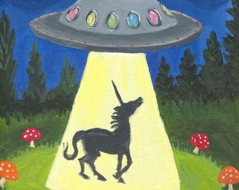 Unicorn UFO fantasy sci fi art 5 x 7 print alien spaceship cute lowbrow pop surrealism science fiction conspiracy mushroom kitsch outsider