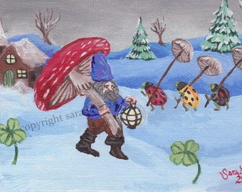 Yule mushroom gnome with ladybug beetles Christmas painting original art fantasy 5 x 7 holiday Christmas winter solstice snow