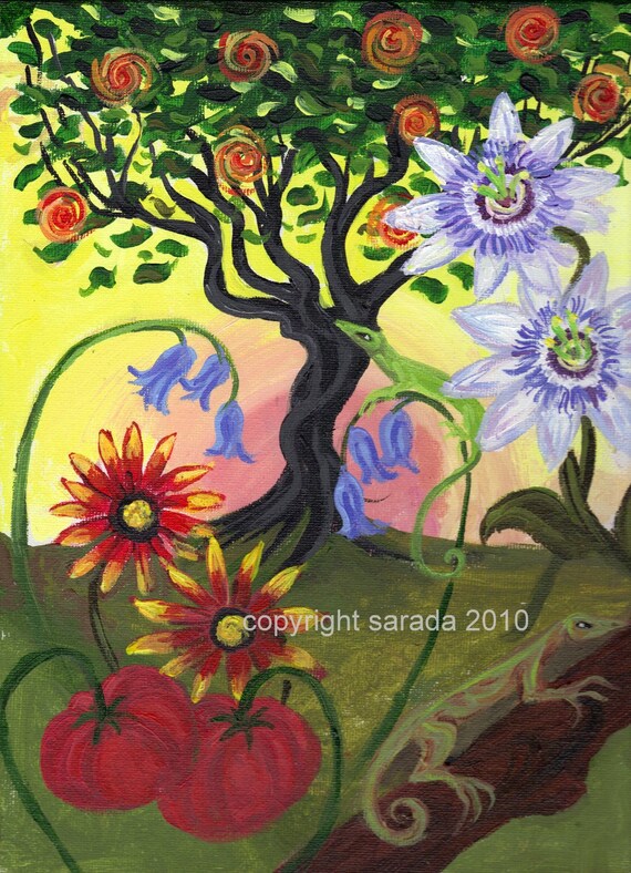 Magic Garden Surreal Colorful Psychedelic Nature Art Lizards Etsy