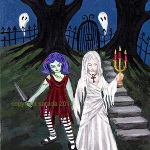 Gothic ghost crypt sisters, original art, 8 x 10 acrylic painting haunted zombie and mummy spooky girls in cemetery/graveyard