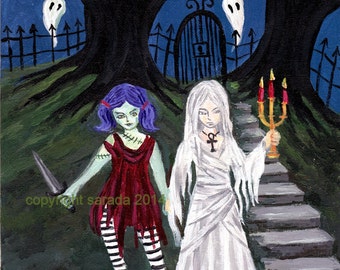 Gothic ghost crypt sisters, original art, 8 x 10 acrylic painting haunted zombie and mummy spooky girls in cemetery/graveyard