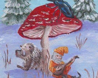 Yule mushroom gnome with hedgehog and lute, beetle Christmas painting original art fantasy 5 x 7 holiday Christmas winter solstice snow