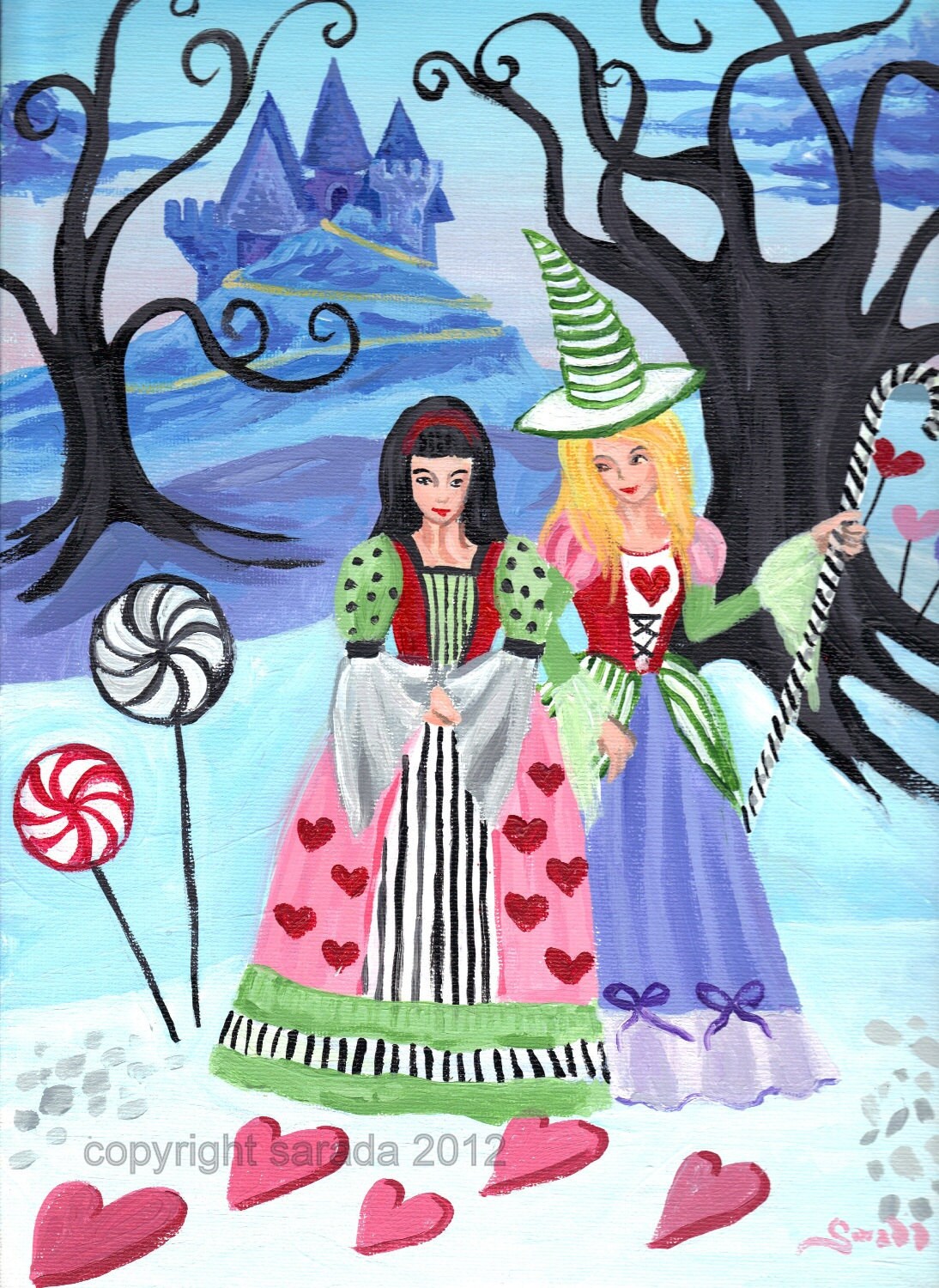 Winter Witch Valentine art heart castle snow stripes Etsy