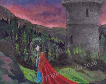 Quest to Dragon Tower original fantasy acrylic painting 9 x 12 inch dungeon adventurer redhead dark fantasy