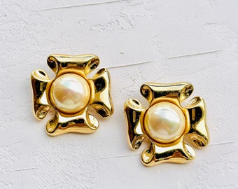 Exquisite Vintage Italian Cross Earrings - Gold Metal with Central Pearls - Authentic Signature Statement Jewelry 90’s