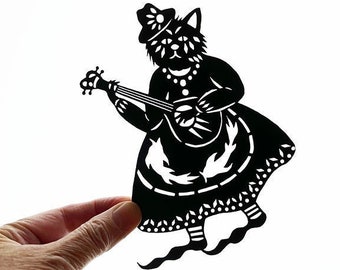 Cat Playing A Banjo - Mini Papercutting Artwork - from Art by Ulla Milbrath