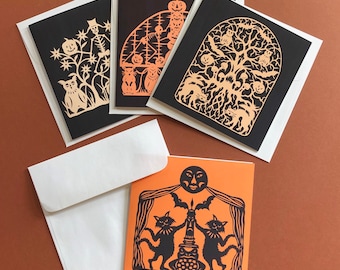 Whimsical Halloween Note Card set of 4 - from Original Paper Cuts by Ulla Milbrath