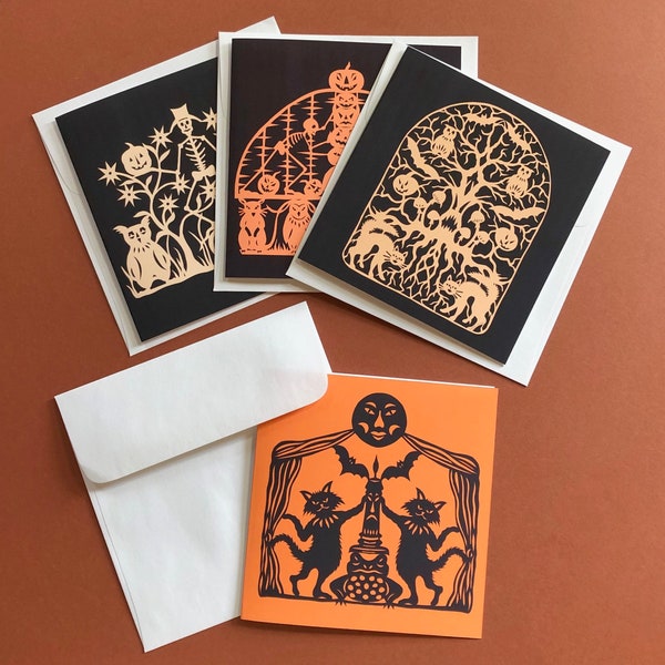 Whimsical Halloween Note Card set of 4 - from Original Paper Cuts by Ulla Milbrath