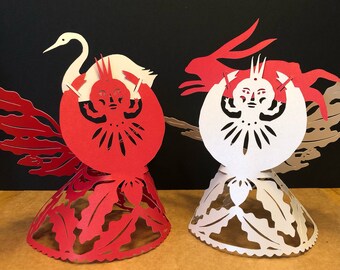 OakLeaf Angel - Paper Cut Holiday Decoration - Foldout Votive Cover or Ornament by Ulla Milbrath