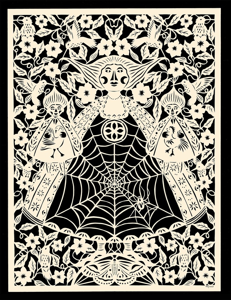 Large Intricate Our Lady Paper Cut with Spider Web Laser cut from Original Design by Ulla Milbrath Beige