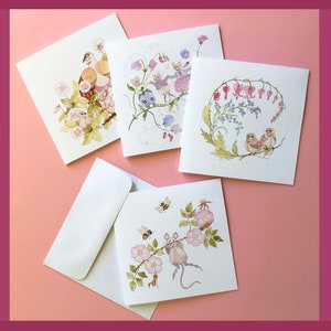 Wee Birds and Mice Wish Card Set de 4 - d’après des illustrations originales à l’aquarelle par Ulla Milbrath