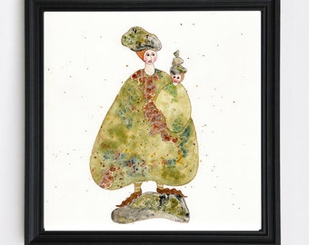 Moss Madonna and Child - Fantasy Fairytale Original Watercolor Illustration by Ulla Milbrath