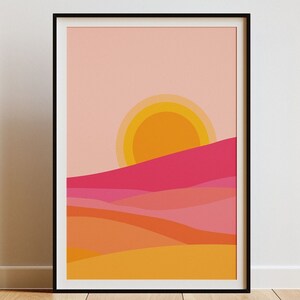 Póster Minimalista Atardecer | Arte Abstracto Colores Cálidos | Decoración Moderna Amanecer | Montañas y Sol | Amarillo Naranja Rosa