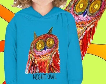 Owl Toddler Pullover Fleece Hoodie, 5 Colors, 3 Sizes, Owl Shirt, Funny Kids Shirt, Animal Print Original ArtfulEarth Design