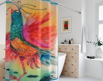 Rideau de douche de poulet mignon avec poulet Matilda dansant coloré, salle de bain pour enfants, une création ArtfulEarth originale à l'encre d'alcool