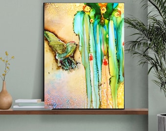 Hummingbird Wall Art On Canvas,  Abstract Design, Nature Print Abstract Wall Art, Original Alcohol Ink Design From ArtfulEarth Studio