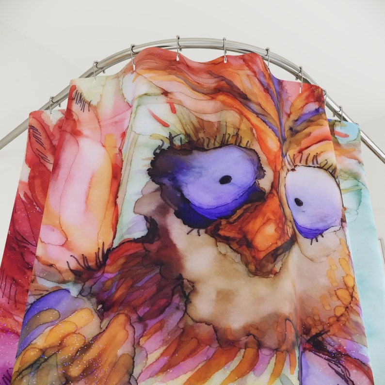 Funny Chicken Shower Curtain For The Bathroom With Colorful Sweetie Bird Design. An Original ArtfulEarth Alcohol Ink Creation image 3