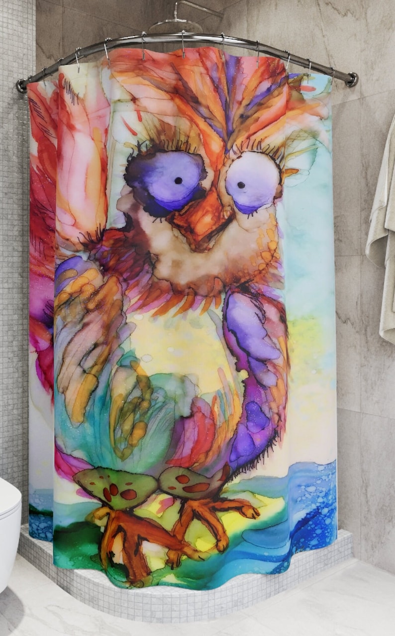 Funny Chicken Shower Curtain For The Bathroom With Colorful Sweetie Bird Design. An Original ArtfulEarth Alcohol Ink Creation image 4