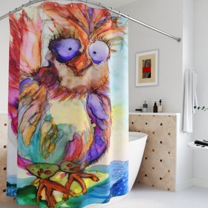 Funny Chicken Shower Curtain For The Bathroom With Colorful Sweetie Bird Design. An Original ArtfulEarth Alcohol Ink Creation image 1