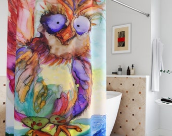 Funny Chicken Shower Curtain For The Bathroom With Colorful Sweetie Bird Design. An Original ArtfulEarth Alcohol Ink Creation