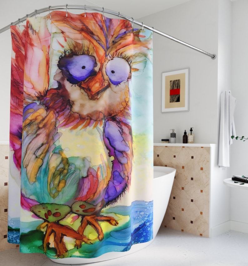 Funny Chicken Shower Curtain For The Bathroom With Colorful Sweetie Bird Design. An Original ArtfulEarth Alcohol Ink Creation image 1