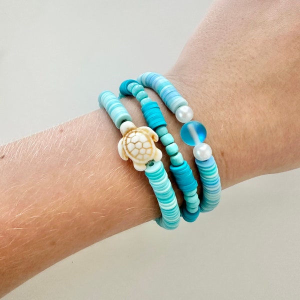 Cute  and trendy clay beaded ocean bracelets with a sea turtle made to wear to the beach